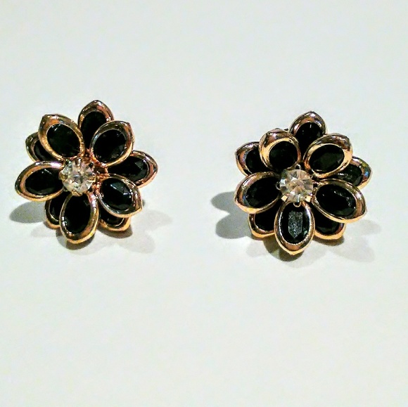 ROSE Camelia Flower Earrings BLACK w Simulated Diamonds - Picture 2 of 7